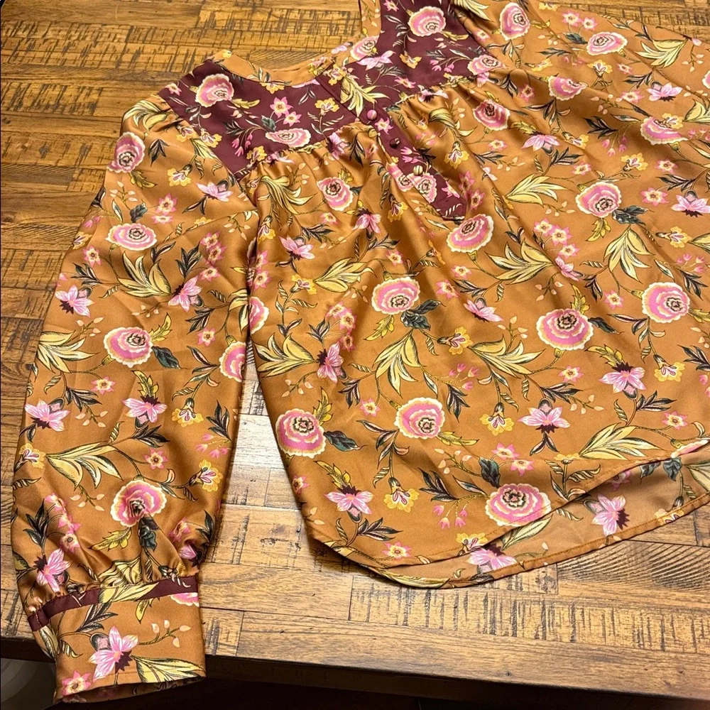 LOFT Floral Blouse Mustard Burgundy Long Sleeves Women's Small - Picture 7 of 14